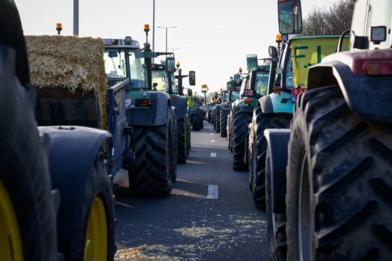 Des agriculteurs belges  bloquent la circulation sur un échangeur près de Namur dans le sud du pays, le 28 janvier 2024 © Simon Wohlfahrt