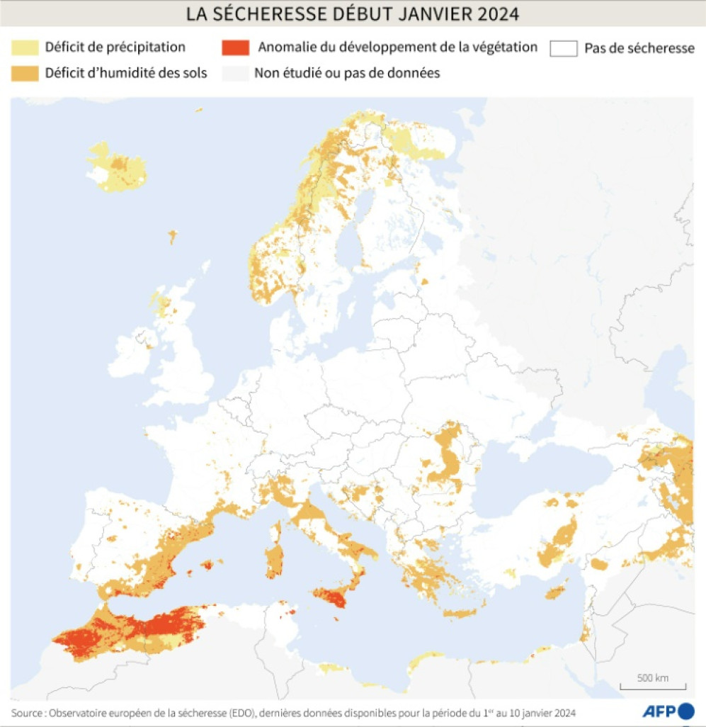 Carte d'Europe et des bords de la Méditerranée localisant les régions touchées par la sécheresse entre le 1er et le 10 janvier 2024, d'après l'Observatoire européen de la sécheresse © Nalini LEPETIT-CHELLA