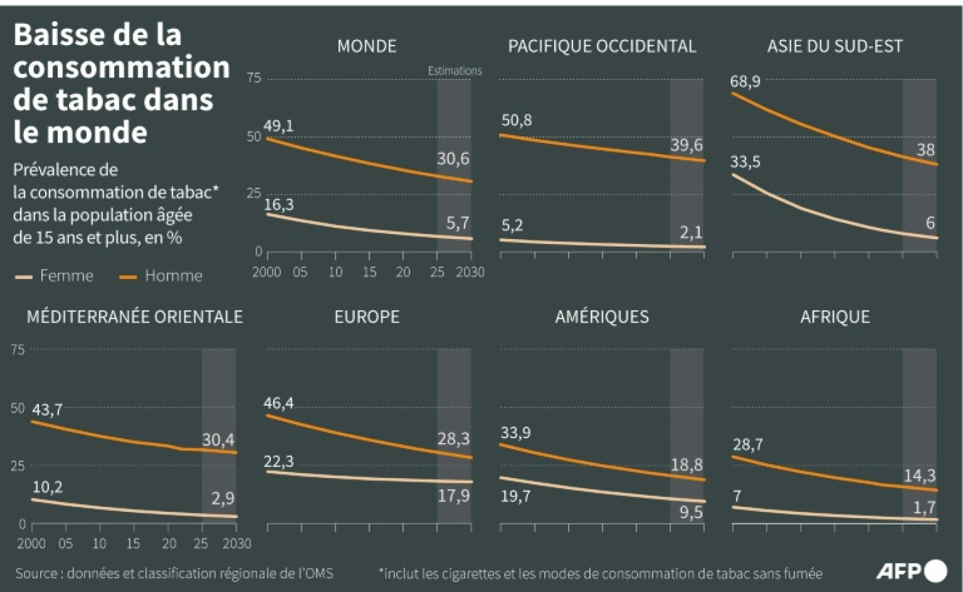 Evolution de la prévalence de consommateurs et de consommatrices de tabac dans la population âgée de 15 ans et plus entre 2000 et 2030 (prévisions), par région du monde © Cléa PÉCULIER