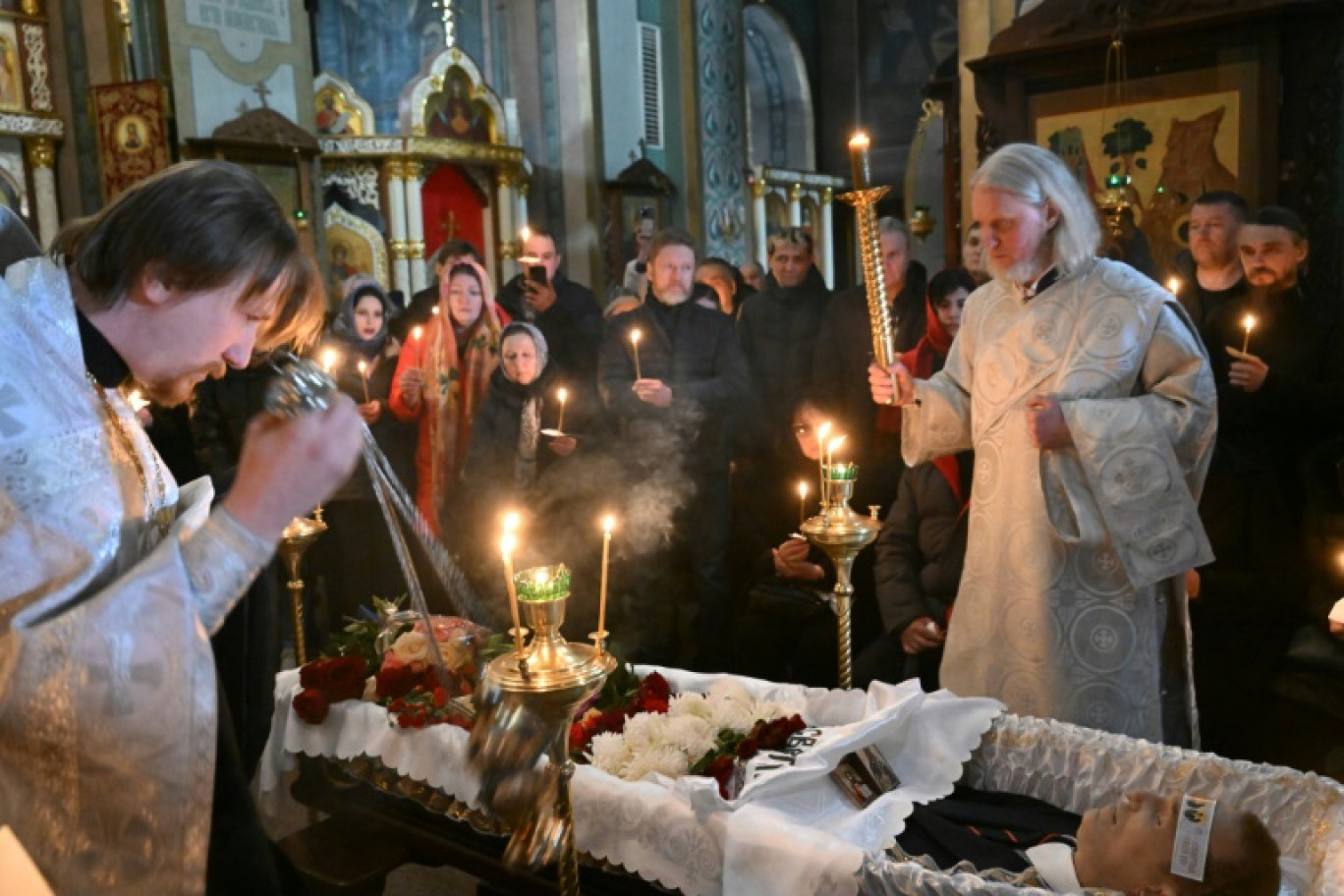 Le corps d'Alexeï Navalny lors de ses funérailles à l'église "Mère de Dieu Éteignez mes douleurs" à Moscou, le 1er mars 2024 © Dmitry LEBEDEV