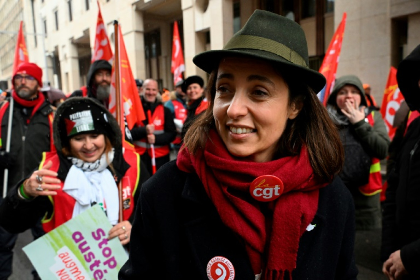 La secrétaire générale de la CGT, Sophie Binet, lors d'une manifestation à Bruxelles, le 12 décembre 2023 © JOHN THYS