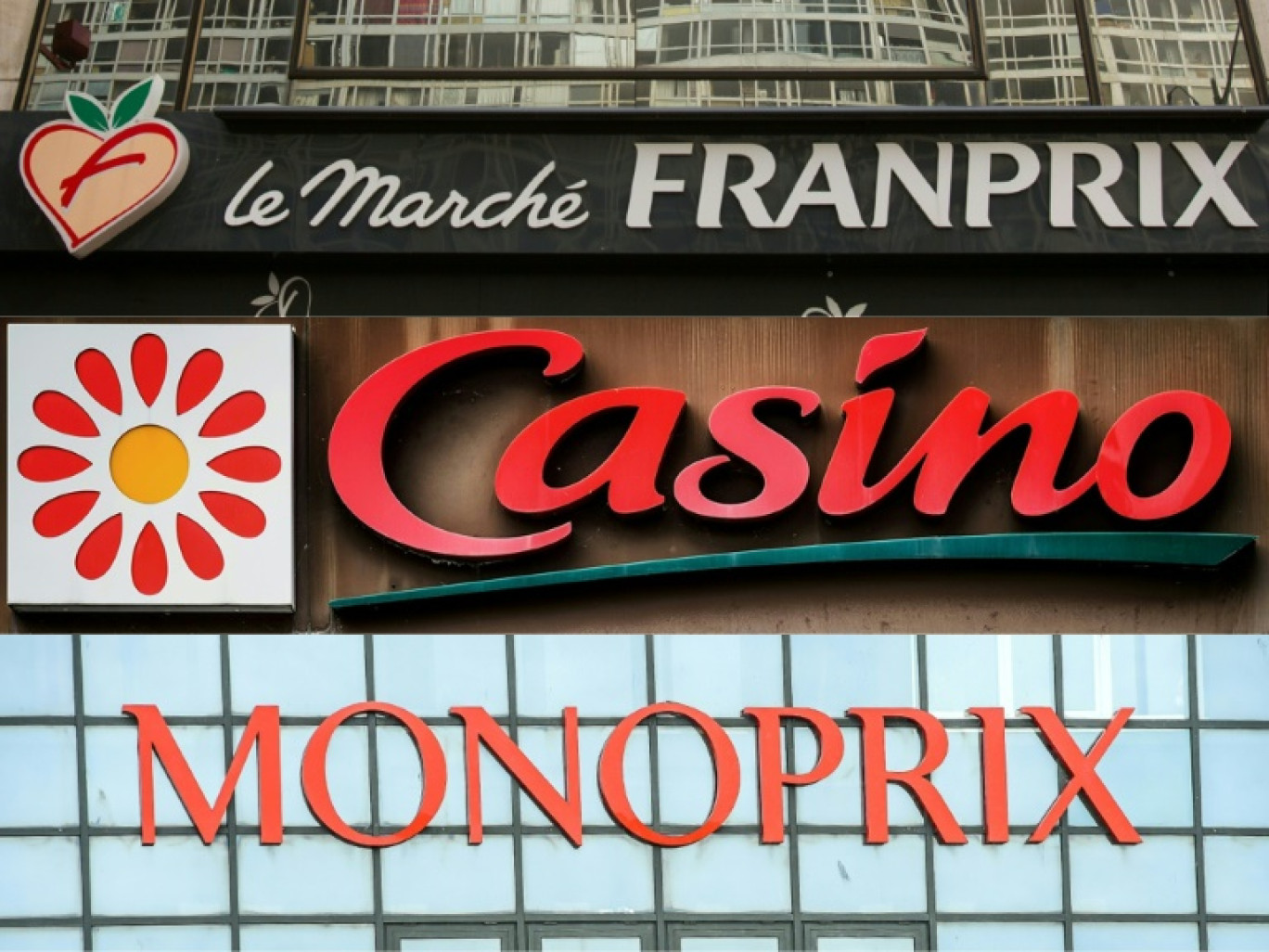 Photomontage réalisé le 21 mars 2024 de la façade d'un supermarché Franprix, Casino et Monoprix © Loic VENANCE