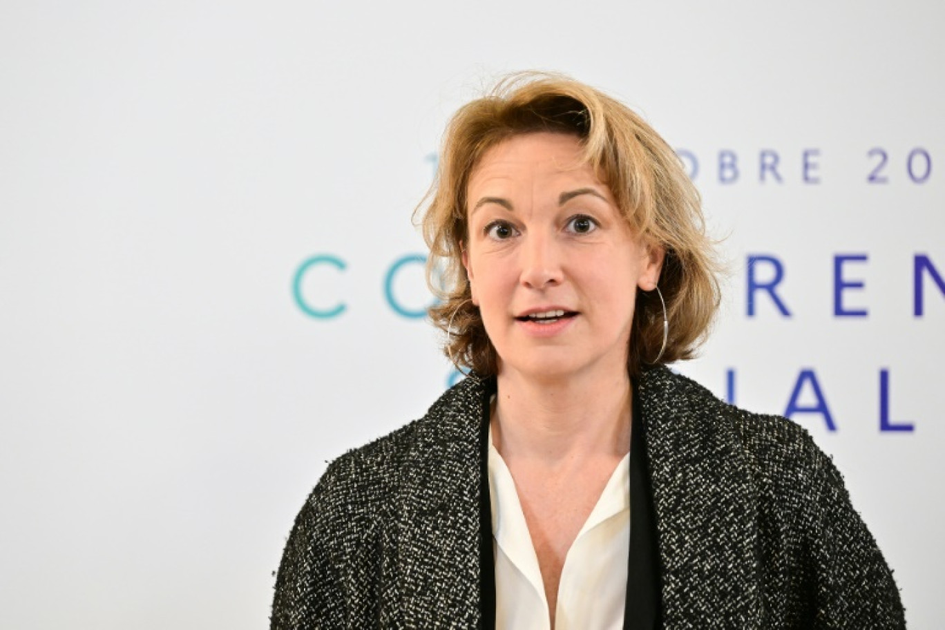 Marylise Léon, la secrétaire générale de la CFDT, lors d'une conférence sociale organisée au Conseil Economique, Social et Environnemental, à Paris, le 16 octobre 2023 © Miguel MEDINA