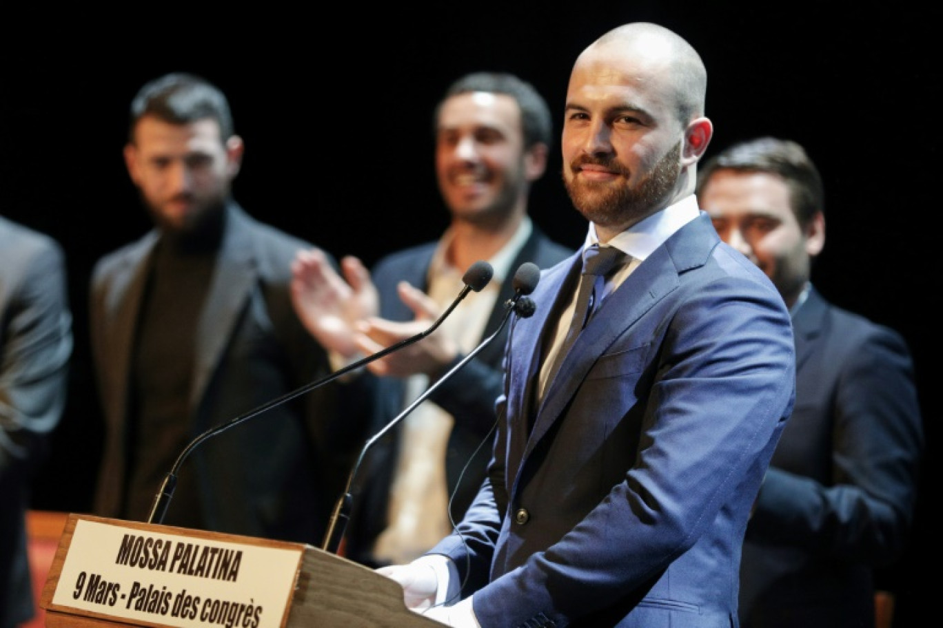 Nicolas Battini, président du nouveau parti politique nationaliste corse Mossa Palatina, s'exprime à Ajaccio, le 9 mars 2024 © Pascal POCHARD-CASABIANCA