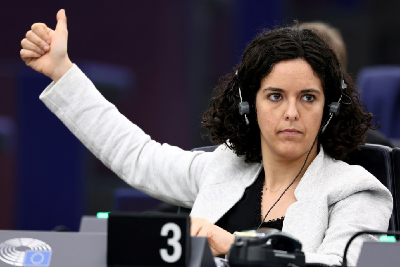 Manon Aubry lors d'une séance plénière au Parlement européen à Strasbourg le 12 mars 2024. © FREDERICK FLORIN