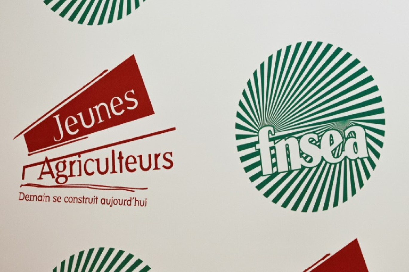 Logos des syndicats agricoles français FNSEA et Jeunes agriculteurs, photographiés lors d'une conférence de presse à Paris, le 13 février 2024 © GEOFFROY VAN DER HASSELT