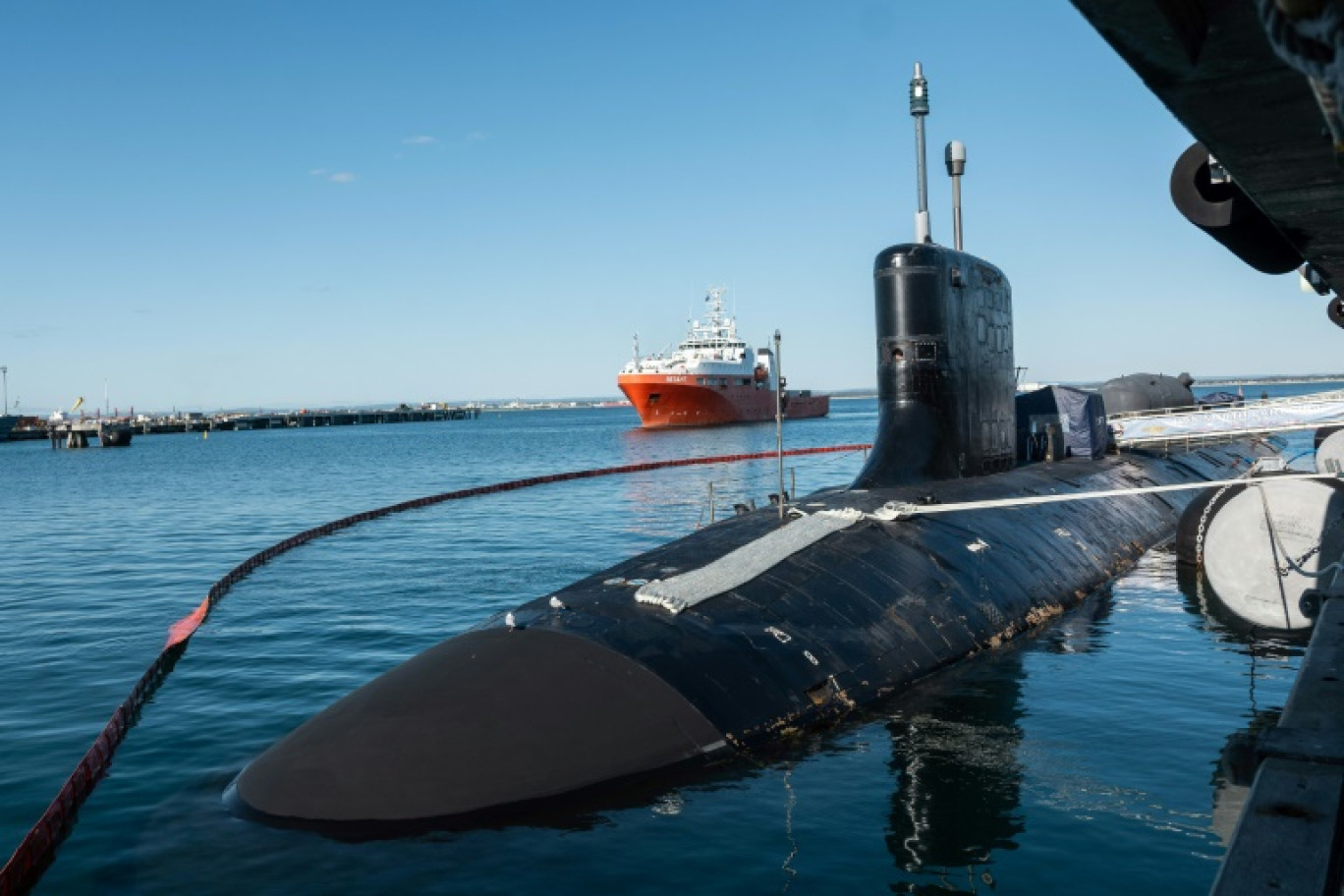 Un sous-marin de classe Virginia de la marine américaine, à la base navale HMAS Stirling de Rockingham, à la périphérie de Perth, le 4 août 2023 en Australie © Tony McDonough