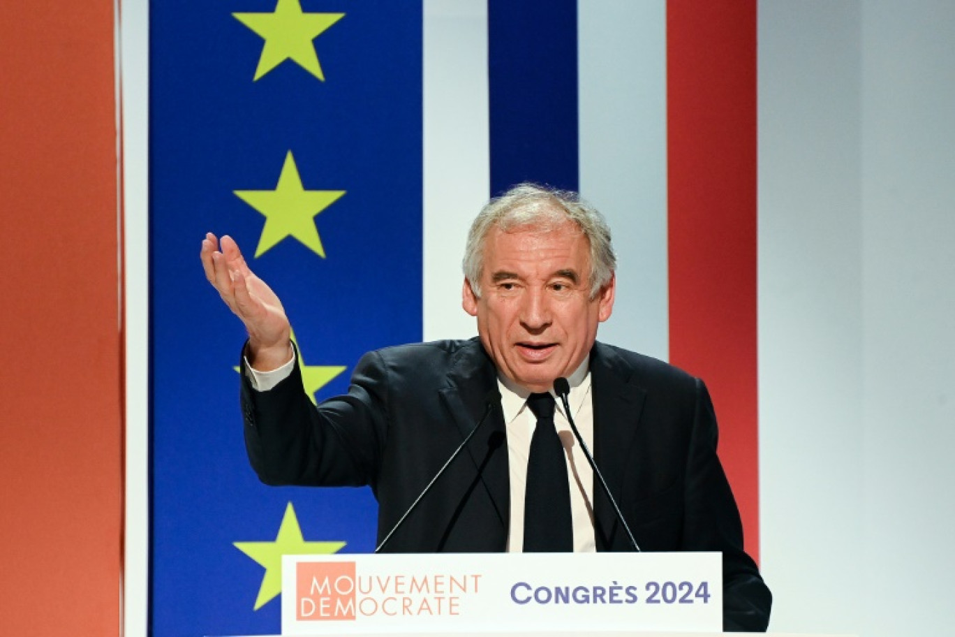 François Bayrou, réélu à la présidence du MoDem lors du congrès du parti centriste à Blois, le 23 mars 2024 © Sebastien SALOM-GOMIS