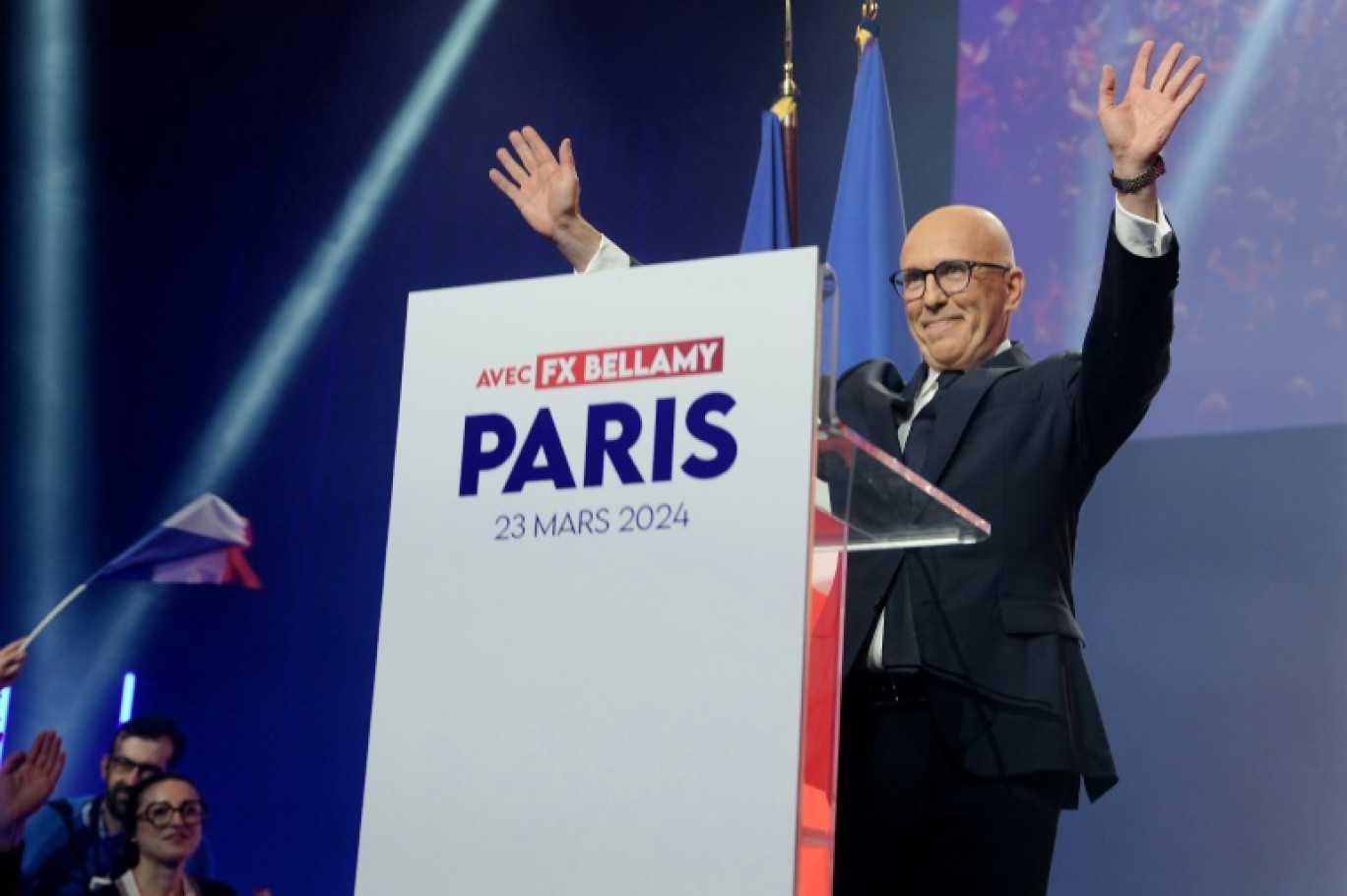 Le président des Républicains Eric Ciotti, lors du premier grand meeting de campagne de son parti, le 23 mars 2024 à Aubervilliers © Dimitar DILKOFF