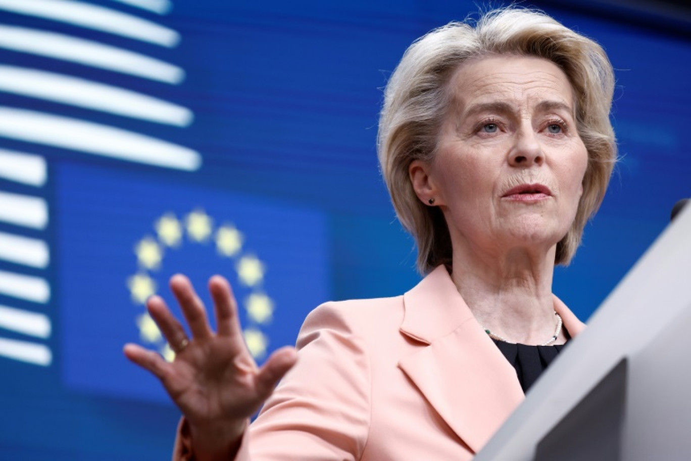 La présidente de la Commission européenne Ursula von der Leyen, le 22 mars 2024 à Bruxelles © KENZO TRIBOUILLARD