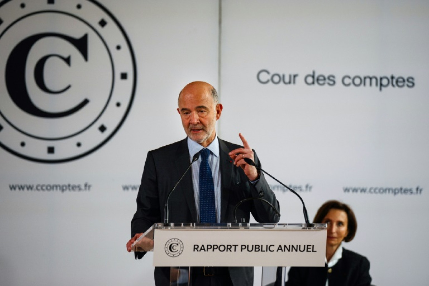 Le premier président de la Cour des comptes Pierre Moscovici lors de la présentation du rapport financier annuel, le 12 mars 2024 © Dimitar DILKOFF