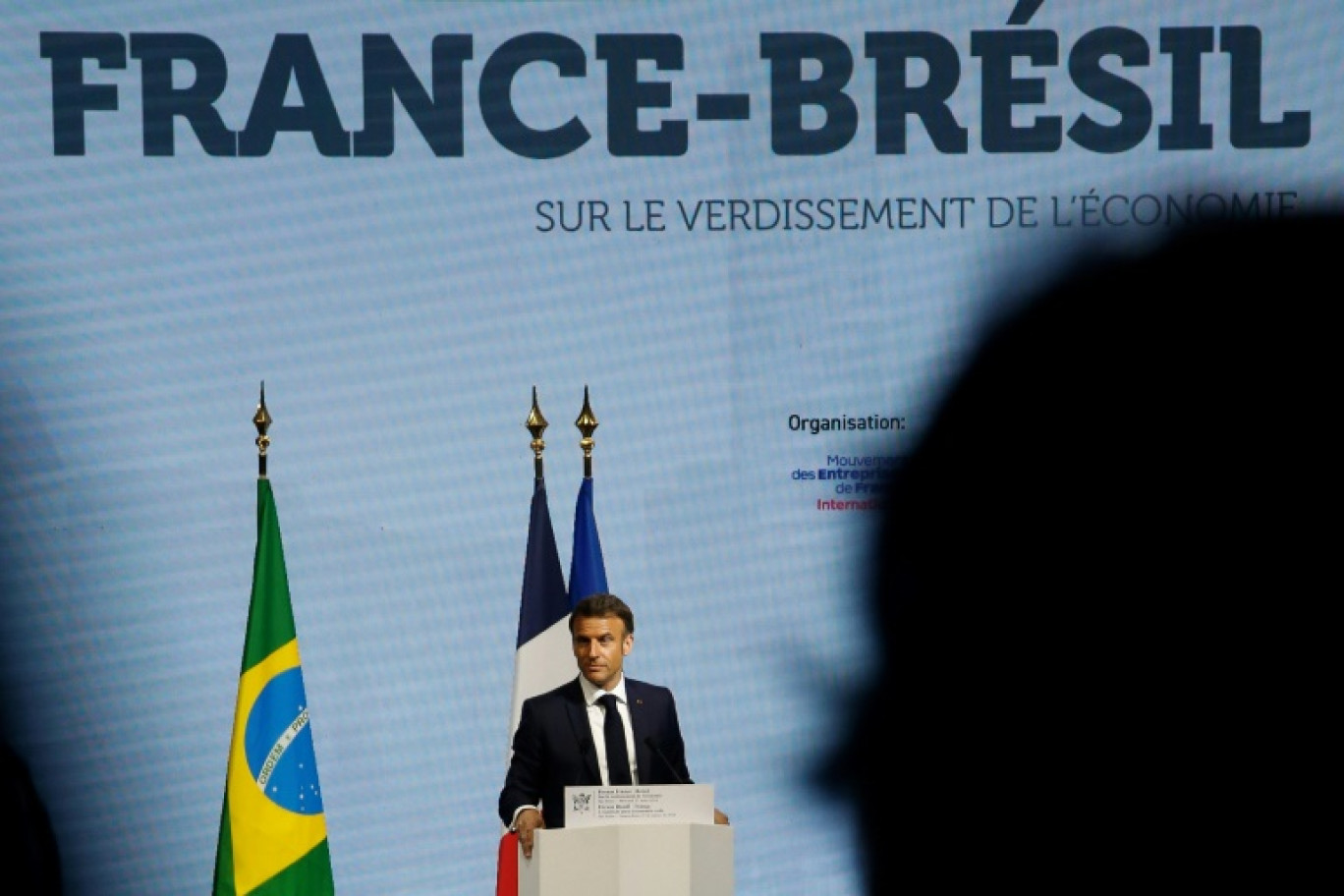 Emmanuel Macron lors du Forum économique France-Brésil à la Fédération des industries de l'État de Sao Paulo (FIESP) à Sao Paulo au Brésil, le 27 mars 2024 © Miguel Schincariol