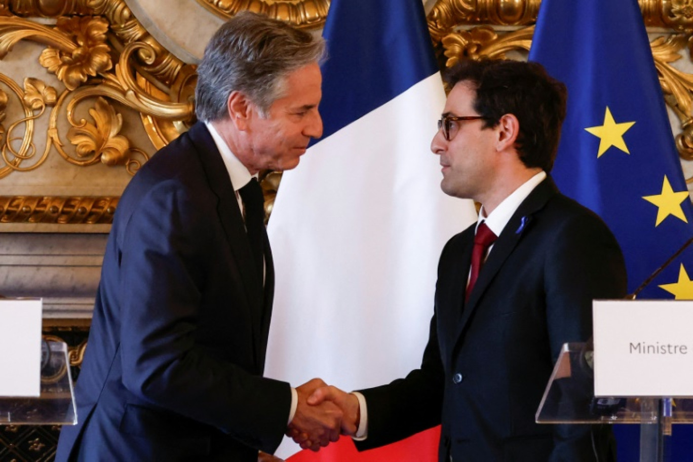 Le secrétaire d'Etat américain Antony Blinken (g) et son homologue français Stéphane Séjourné, le 2 avril 2024 à Paris © Benoit Tessier