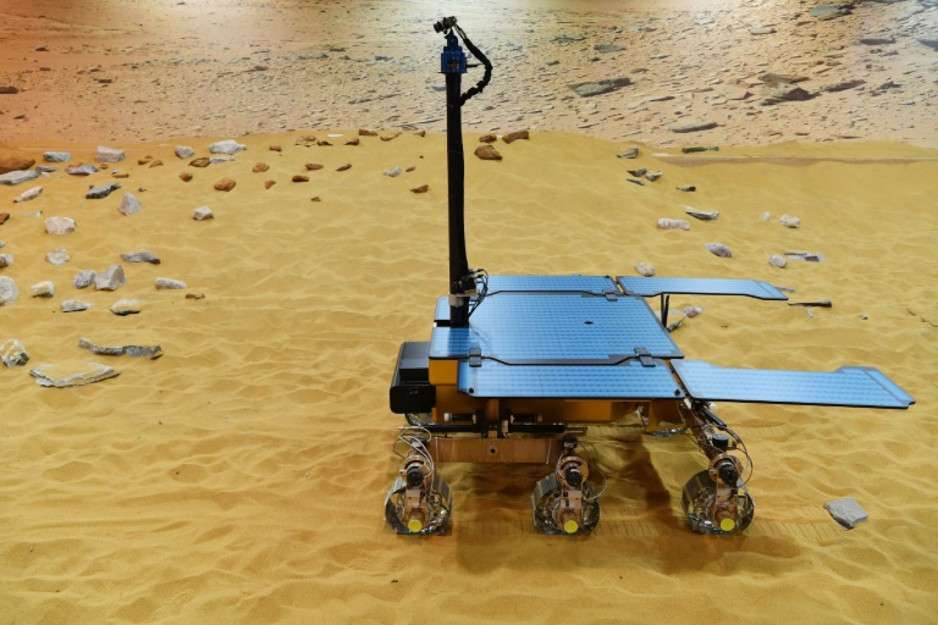 Un prototype du rover Rosalind Franklin d'ExoMars présenté sur le site d'Airbus Defence and Space facility, le 7 février 2019 à Stevenage, en Angleterre © BEN STANSALL