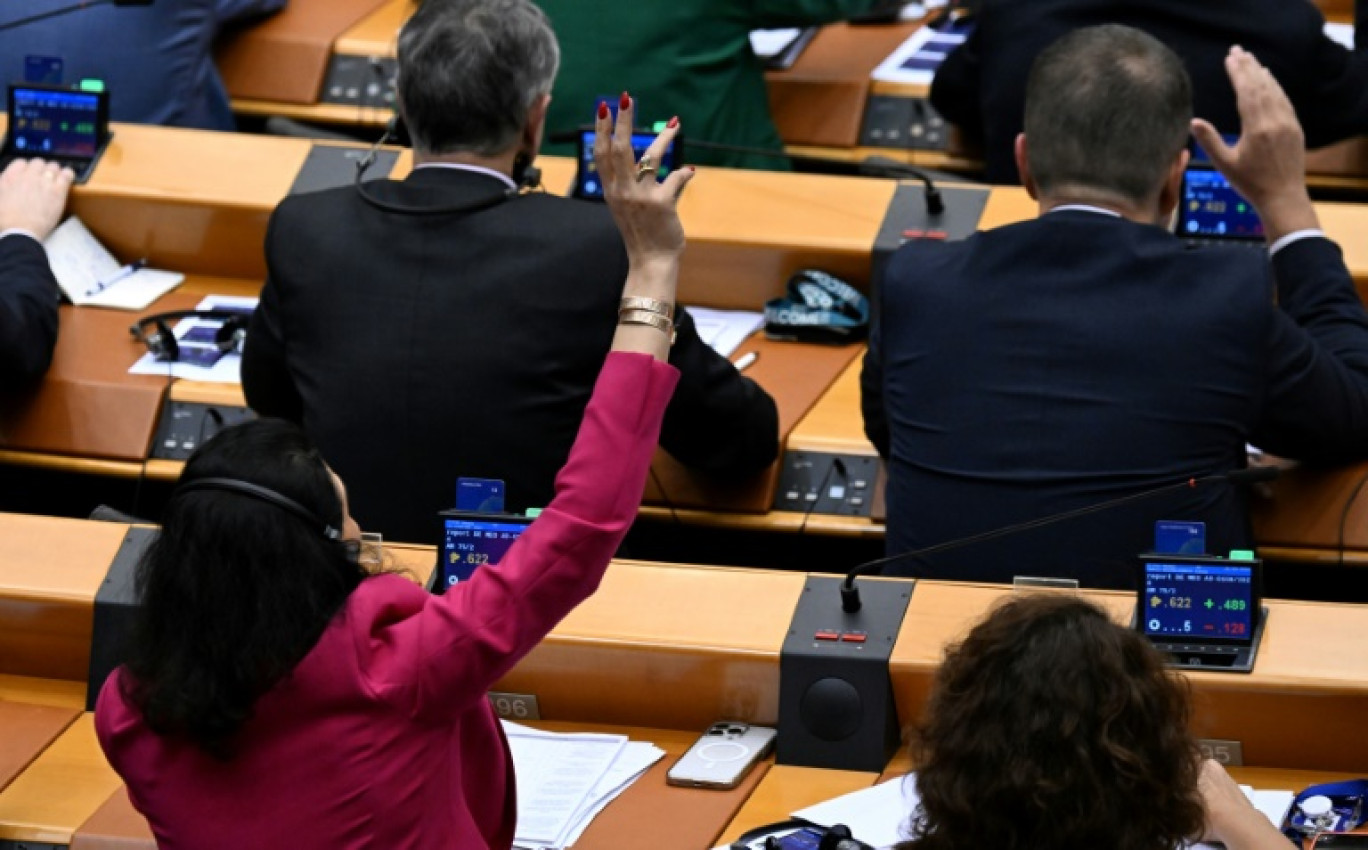 Les membres du Parlement européen participent à un vote en séance plénière à Bruxelles le 10 avril 2024 © JOHN THYS