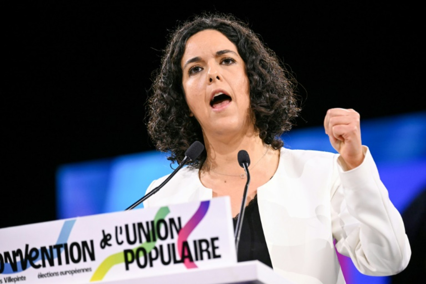 Manon Aubry, tête de liste La France Insoumise (LFI), lors du lancement de la campagne pour les européennes, le 16 mars 2024 à Villepinte, près de Paris © Bertrand GUAY