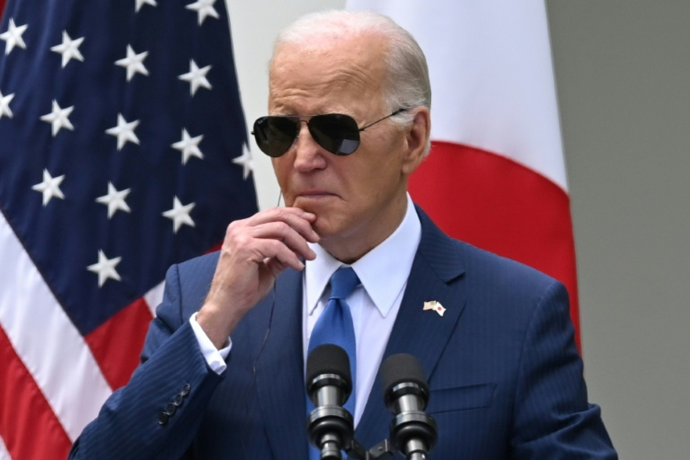 Le président américain Joe Biden, pendant une conférence de presse commune avec le Premier ministre japonais Fumio Kishida, le 10 avril 2024 dans la roseraie de la Maison Blanche © ANDREW CABALLERO-REYNOLDS