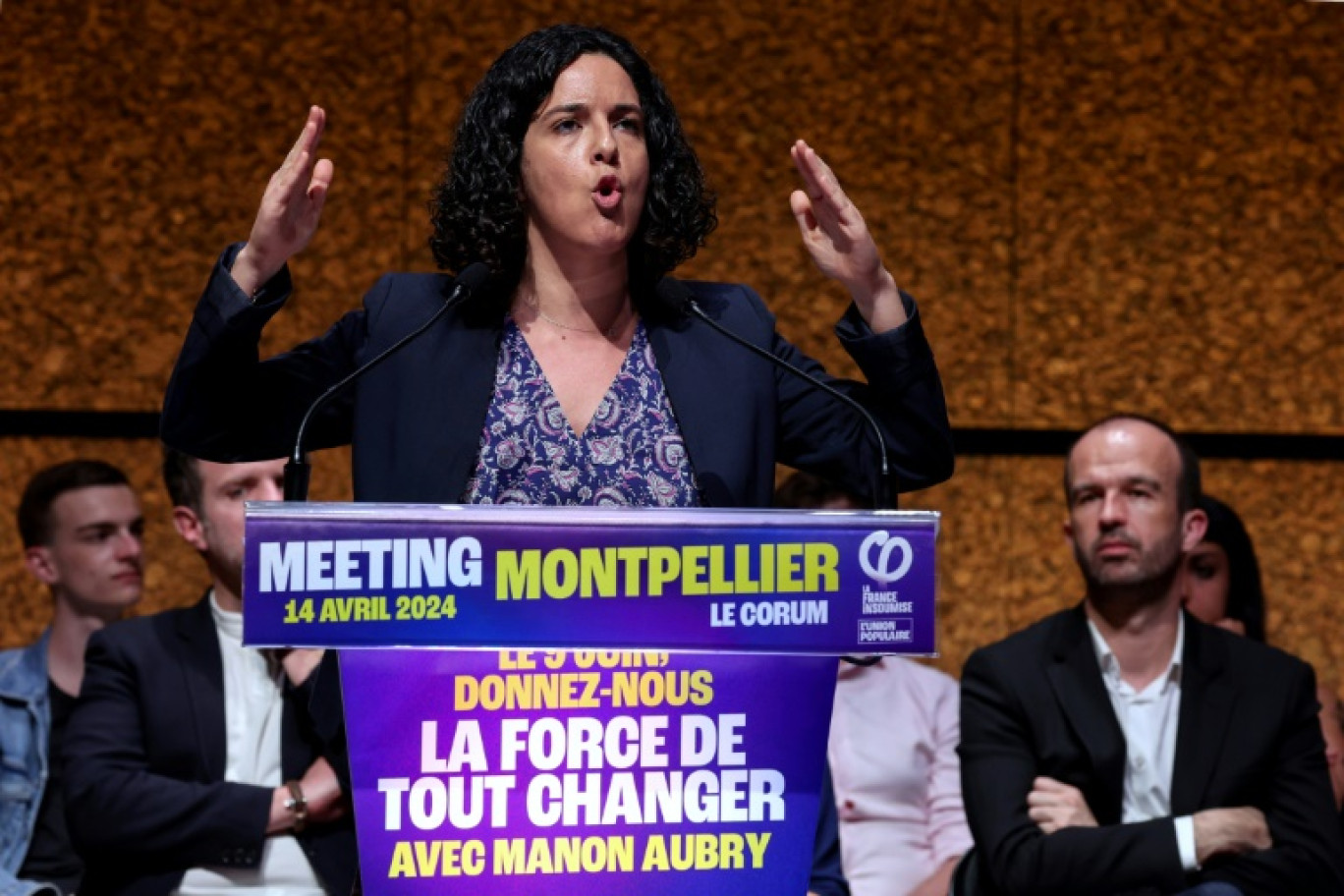 La tête de liste des Insoumis aux européennes, Manon Aubry, en meeting à Montpellier, le 14 avril 2024 © Pascal GUYOT