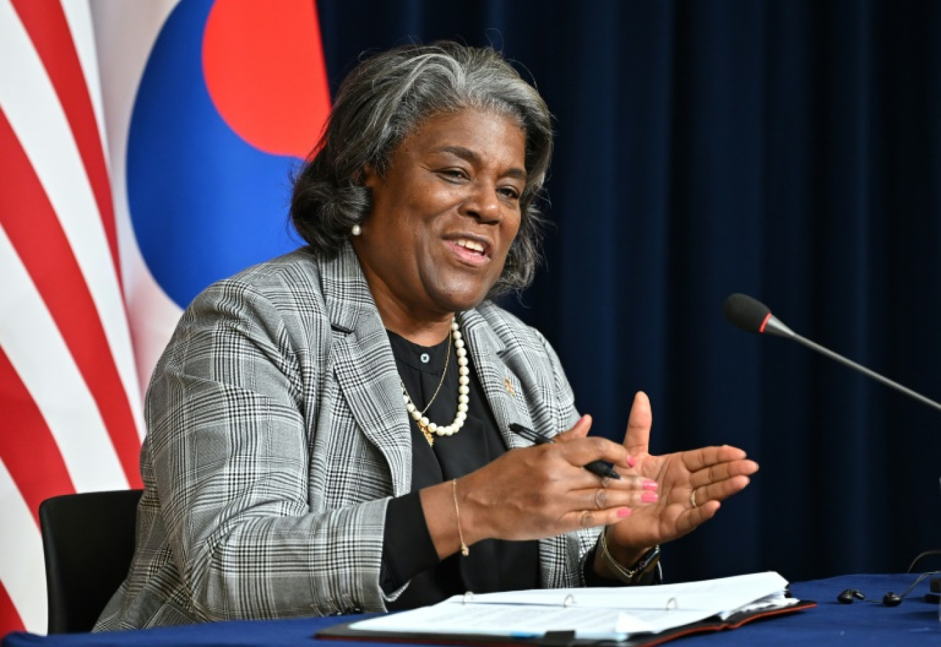 L'ambassadrice des Etats-Unis auprès de l'ONU, Linda Thomas-Greenfield, lors d'une conférence à Séoul le 17 avril 2024 © JUNG YEON-JE