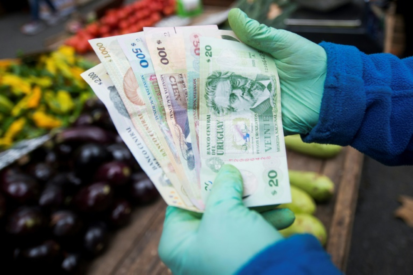 Des billets de banque uruguayens sur un marché à Montevideo, le 23 avril 2024 © Pablo VERA