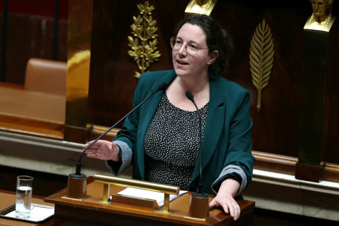 Cyrielle Chatelain, la cheffe de file des députés écologistes, lors d'une question à l'Assemblée nationale, Paris, le 12 mars 2024 © Thomas SAMSON