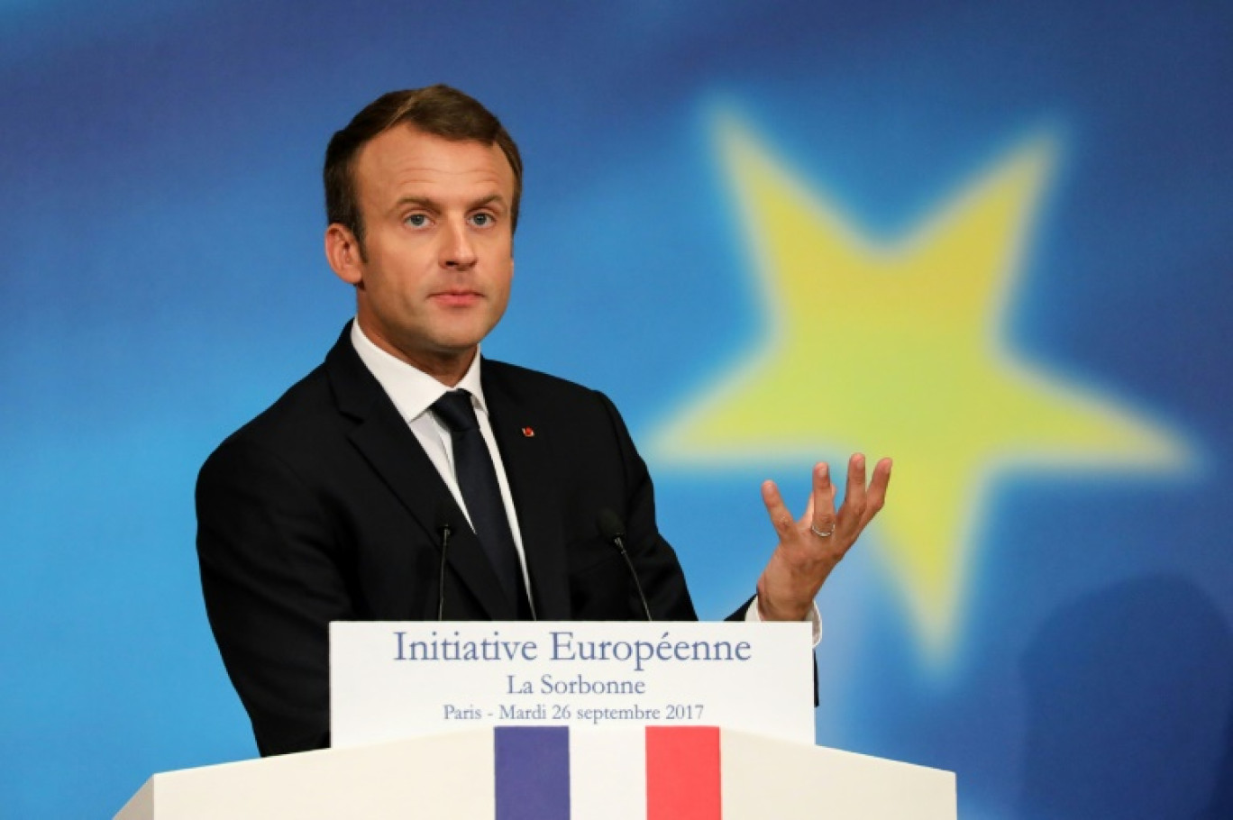Le président Emmanuel Macron lors d'un discours sur l'Europe à la Sorbonne, le 25 avril 2024 à Paris © Christophe PETIT TESSON