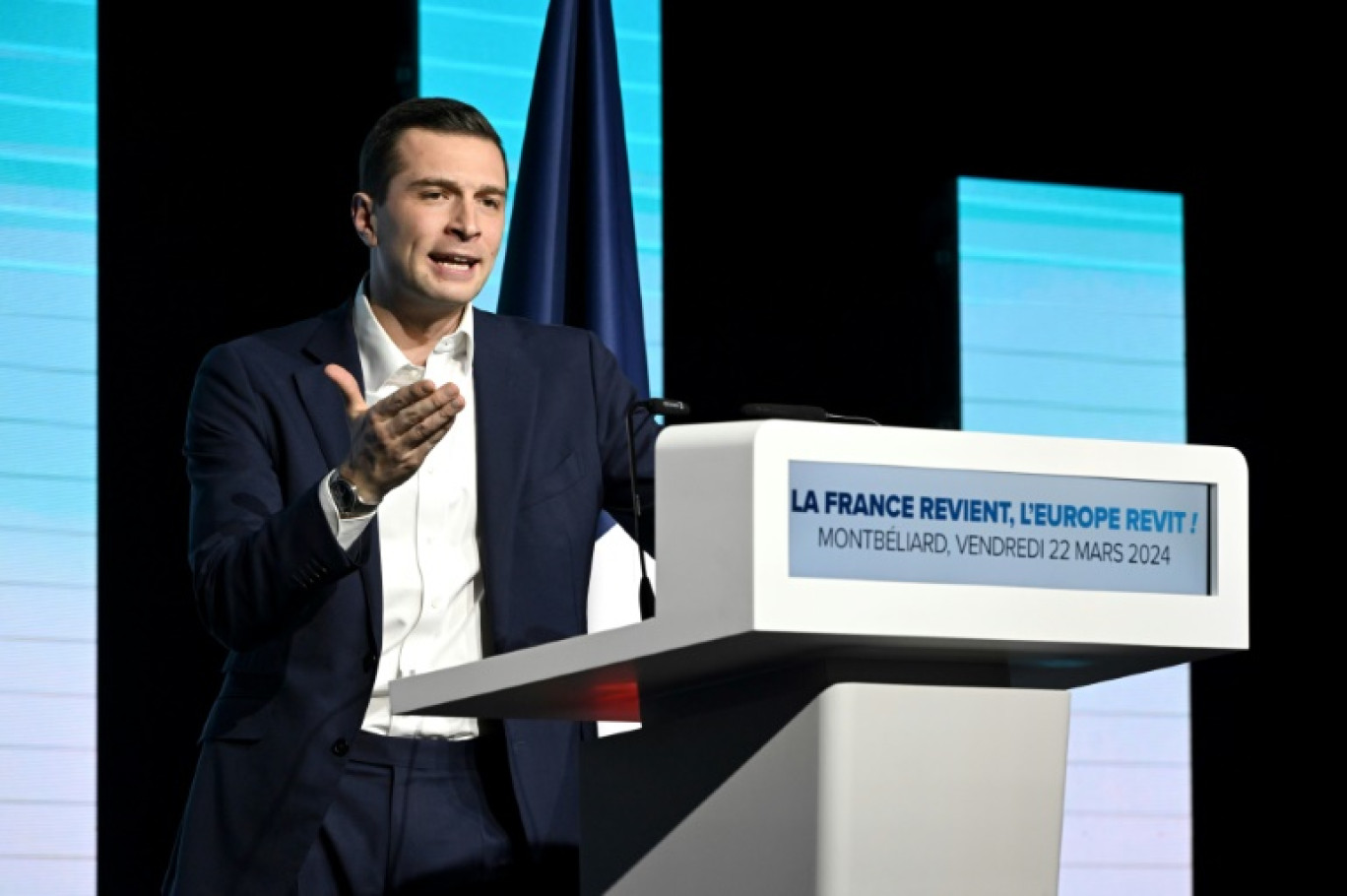 Jordan Bardella, le 22 mars 2024, à Montbéliard, dans le Doubs © PATRICK HERTZOG