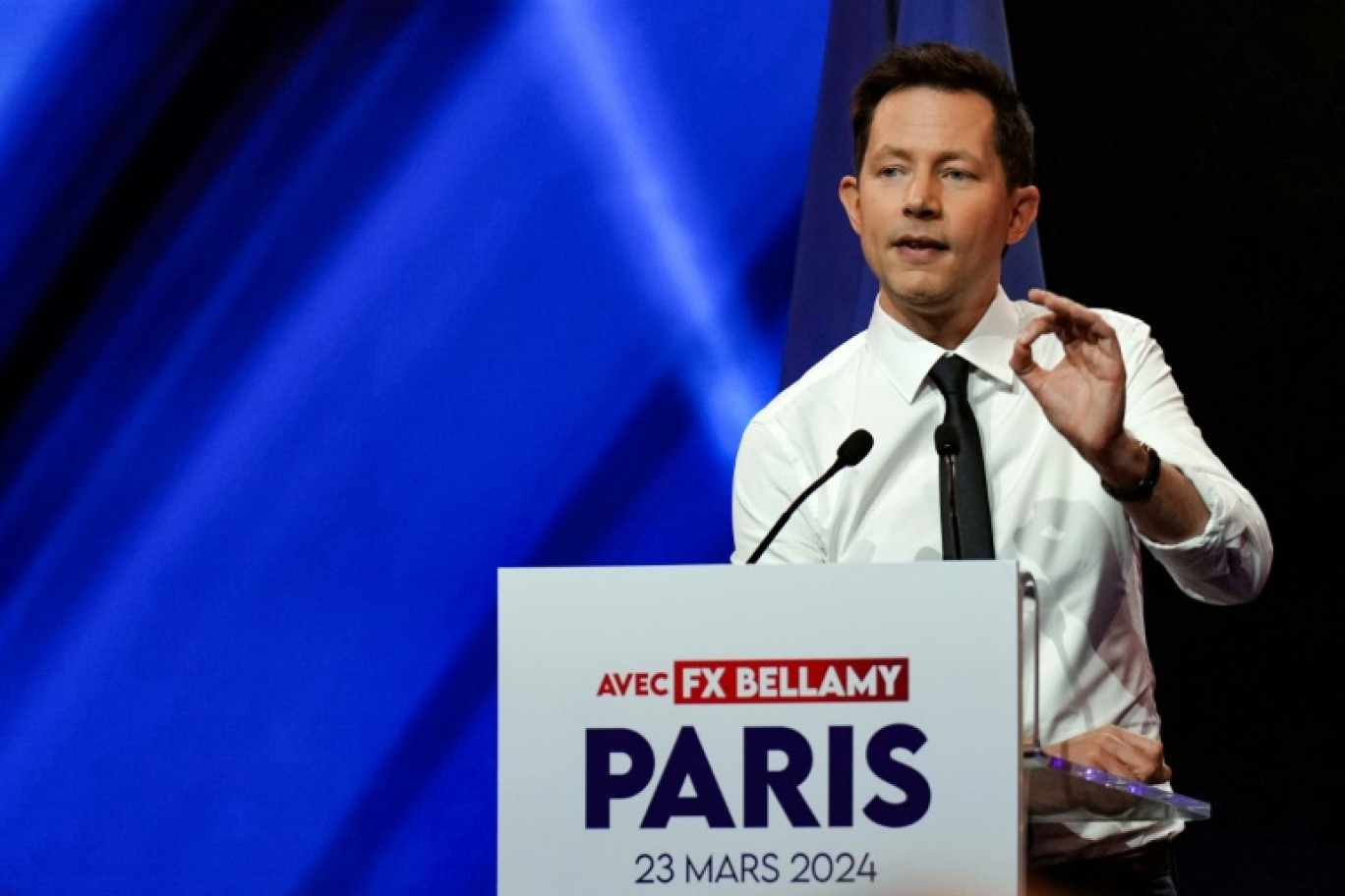 François-Xavier Bellamy, tête de listes Les Républicains aux européennes, lors du lancement de la campagne, le 23 mars 2024 à Aubervilliers, près de Paris © Dimitar DILKOFF