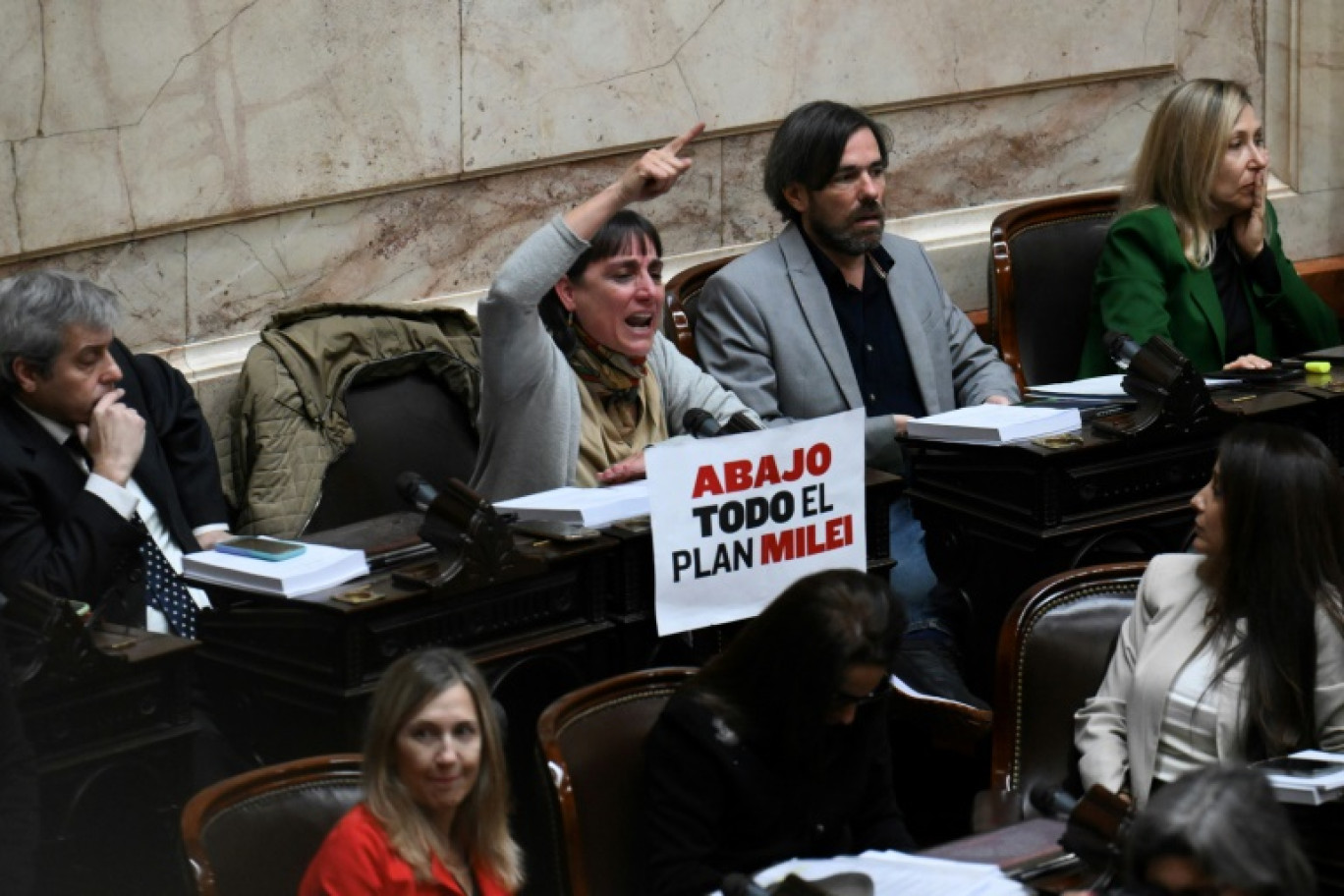 Une députée argentine avec une affichette "A bas tout le plan Milei", le 29 avril 2024 au Congrès, à Buenos Aires © LUIS ROBAYO