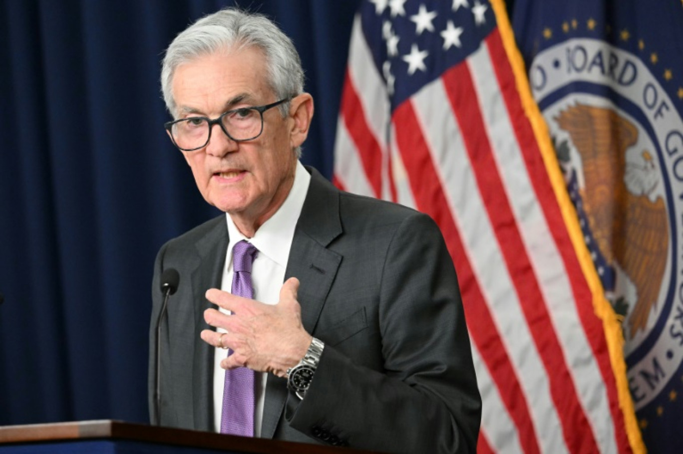 Le président de la Réserve fédérale américaine Jerome Powell, lors de la conférence de presse à l'issue de la dernière réunion de la banque centrale, le 20 mars 2024 à Washington © Mandel NGAN