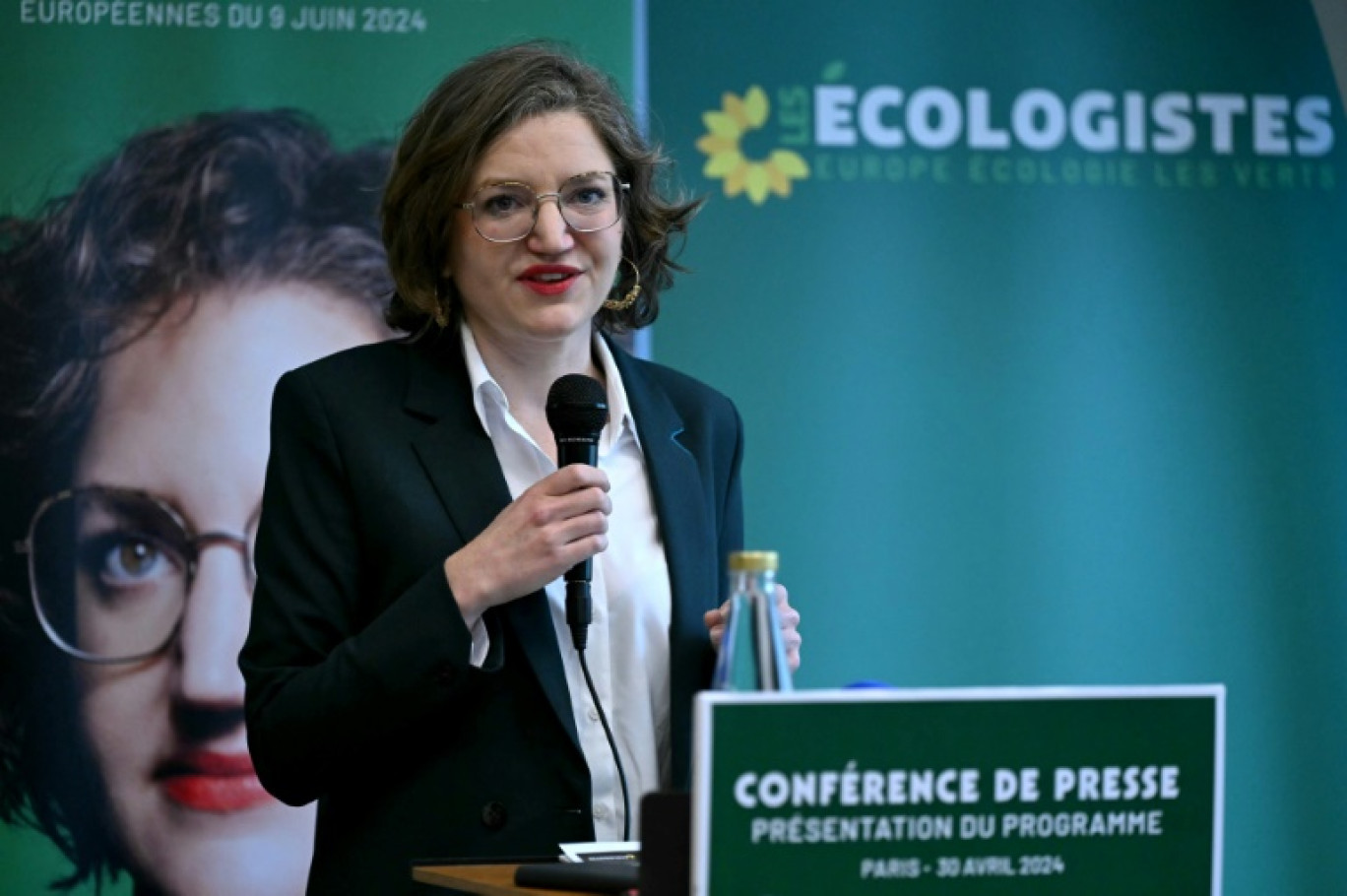 Marie Toussaint, tête de liste écologiste pour les élections européennes, présente son programme le 30 avril 2024 à Paris © Miguel MEDINA