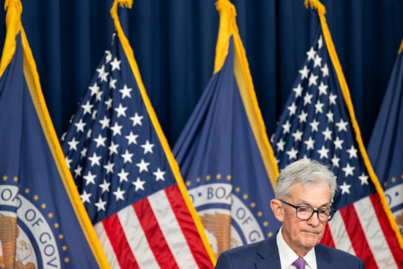 Le président de la Fed Jerome Powell lors d'une conférence de presse à Washington le 1er mai 2024 © SAUL LOEB