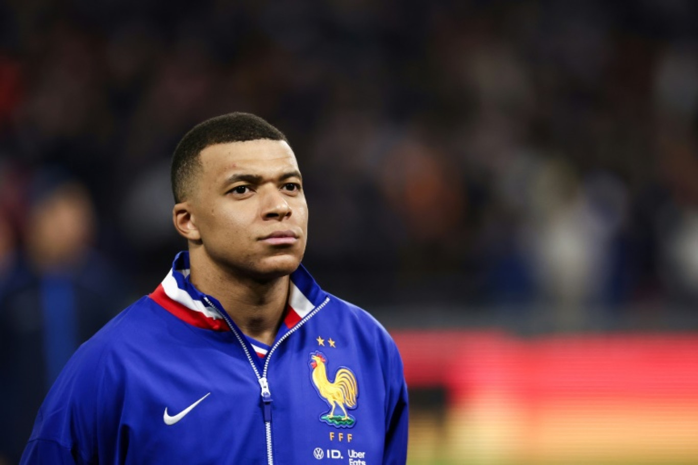 La star des Bleus Kylian Mbappé avant un match amical contre l'Allemagne, le 23 mars 2024 à Lyon © FRANCK FIFE