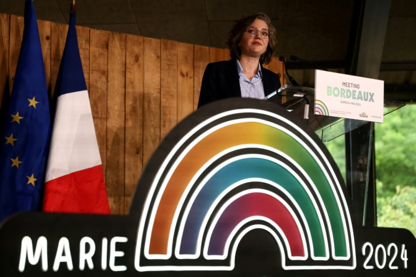 Marie Toussaint, tête de liste EELV aux européennes, en meeting à Bordeaux le 4 mai 2024 © ROMAIN PERROCHEAU