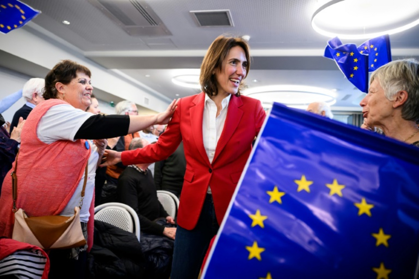 L'eurodéputée Valérie Hayer, tête de liste de la majorité aux européennes, lors d'un meeting à Toulouse, le 29 avril 2024 © Lionel BONAVENTURE