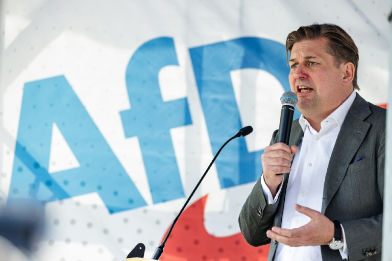 Le candidat du parti d'extrême droite allemand Alternative pour l'Allemagne (AfD) aux élections européennes, Maximilian Krah, lors d'un meeting de campagne à Dresde, le 1er mai 2024 © JENS SCHLUETER