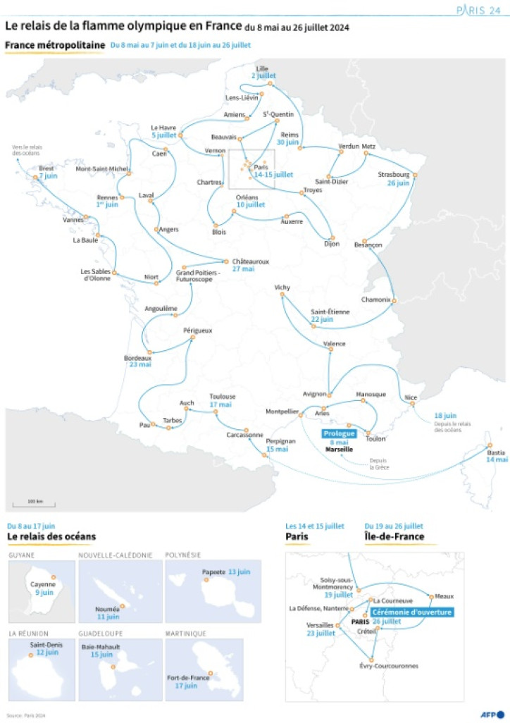 Carte retraçant l'itinéraire du relais de la flamme olympique, du 8 mai au 26 juillet 2024 © Sophie RAMIS