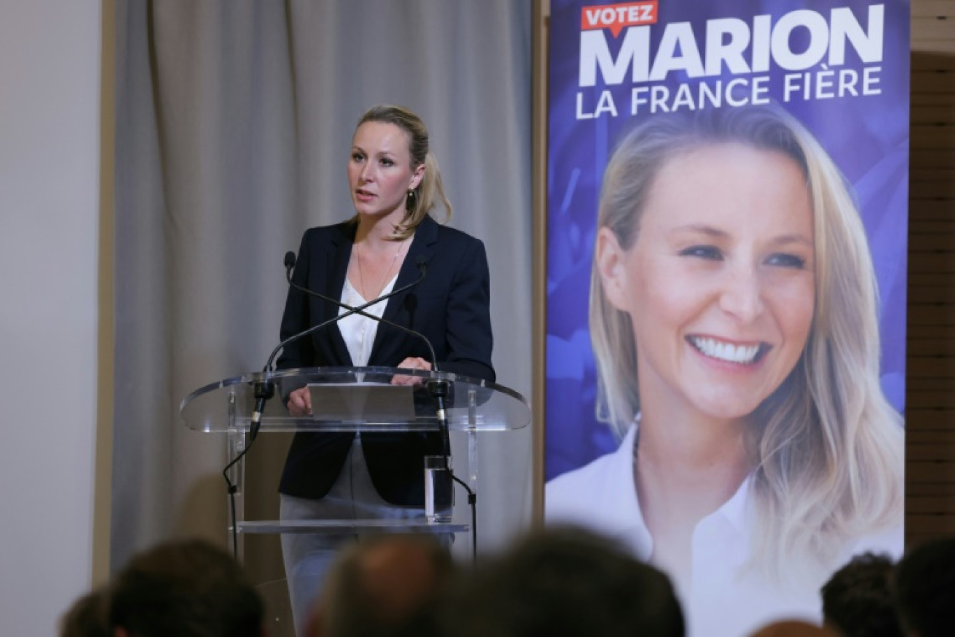 Marion Maréchal, tête de liste des zemmouristes de Reconquête! pour les élections européennes, présente le programme du parti, le 13 mai 2024 à Paris © Thomas SAMSON