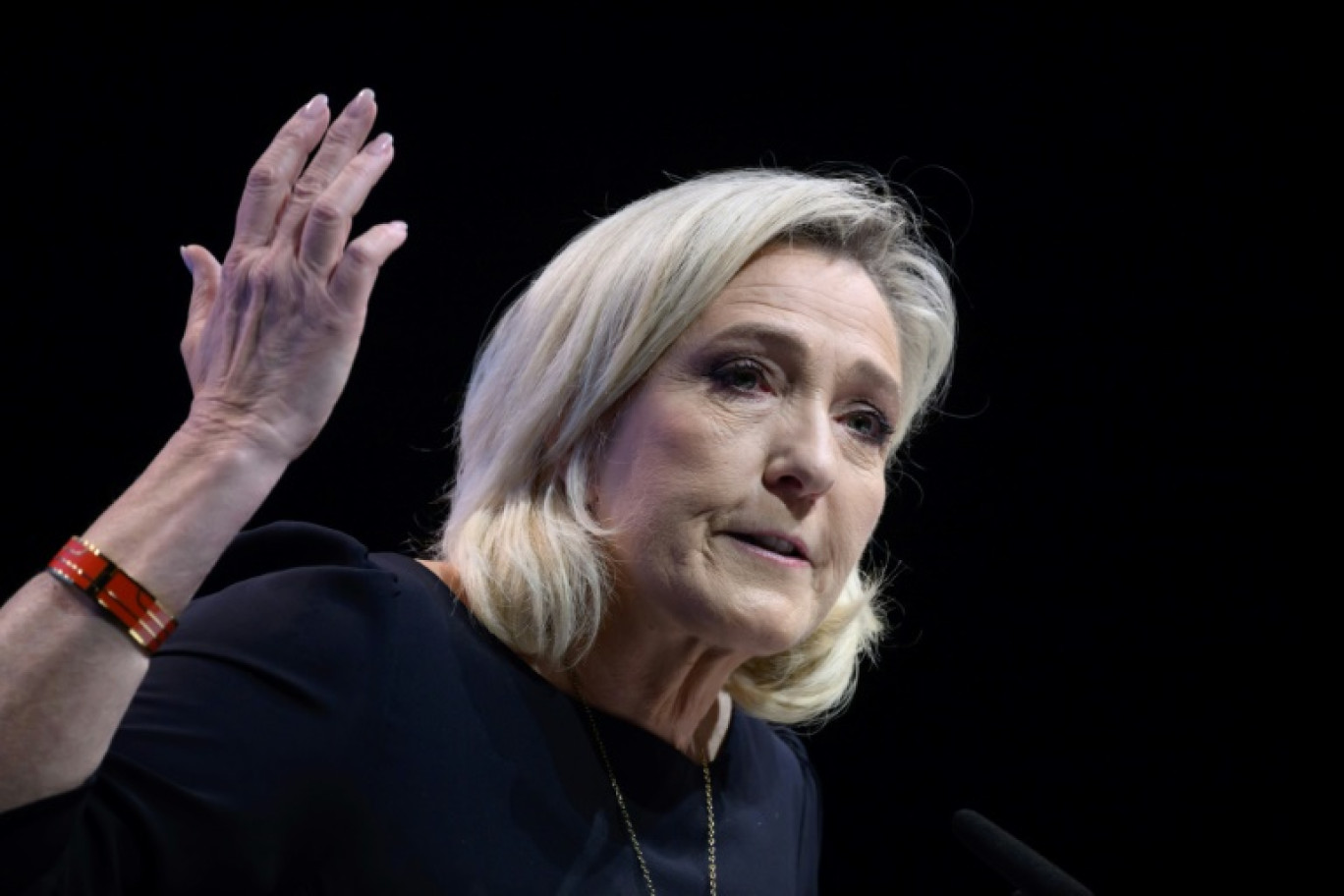 Marine Le Pen lors d'un meeting pour les européennes, le 1er mai 2024 à Perpignan, dans les Pyrénées-Orientales © Ed JONES