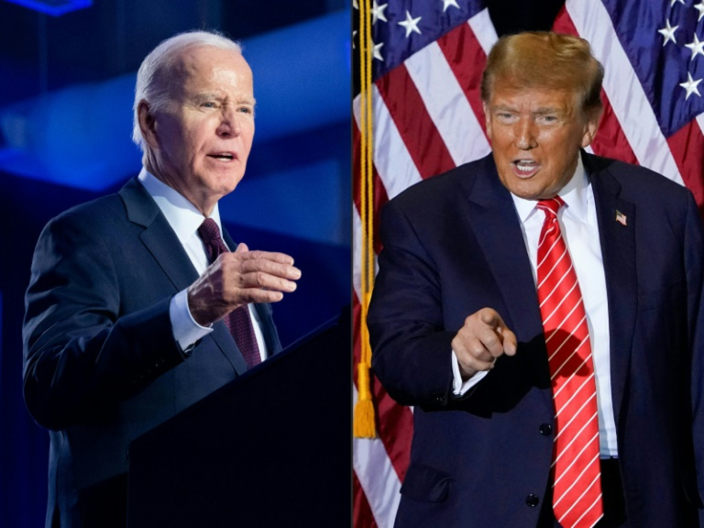 Photomontage créé le 8 février 2024 et montrant Joe Biden à Las Vegas le 4 février 2024 et Donald Trump à Concord, dans le New Hampshire, le 19 janvier 2024 © SAUL LOEB