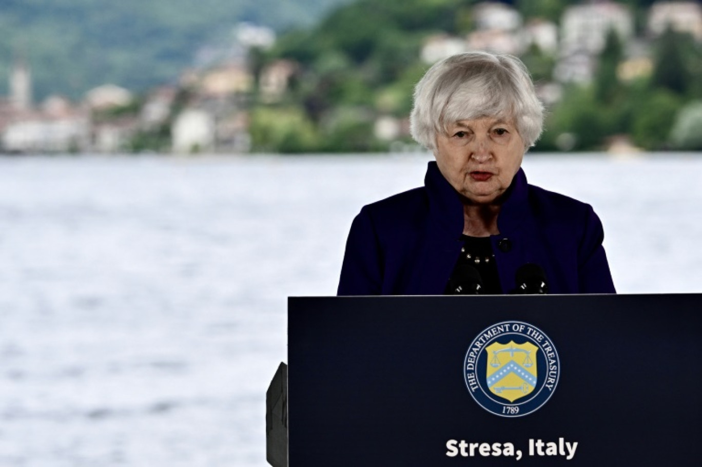 La secrétaire américaine au Trésor Janet Jellen, lors d'une conférence de presse à l'ouverture de la réunion des ministres des Finances du G7 à Stresa, dans le nord de l'Italie, le 23 mai 2024 © GABRIEL BOUYS