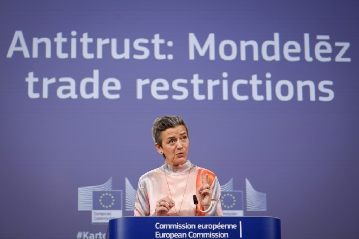 La commissaire européenne à la Concurrence Margrethe Vestager, lors d'une conférence de presse à Bruxelles, le 23 mai 2024 © Kenzo TRIBOUILLARD