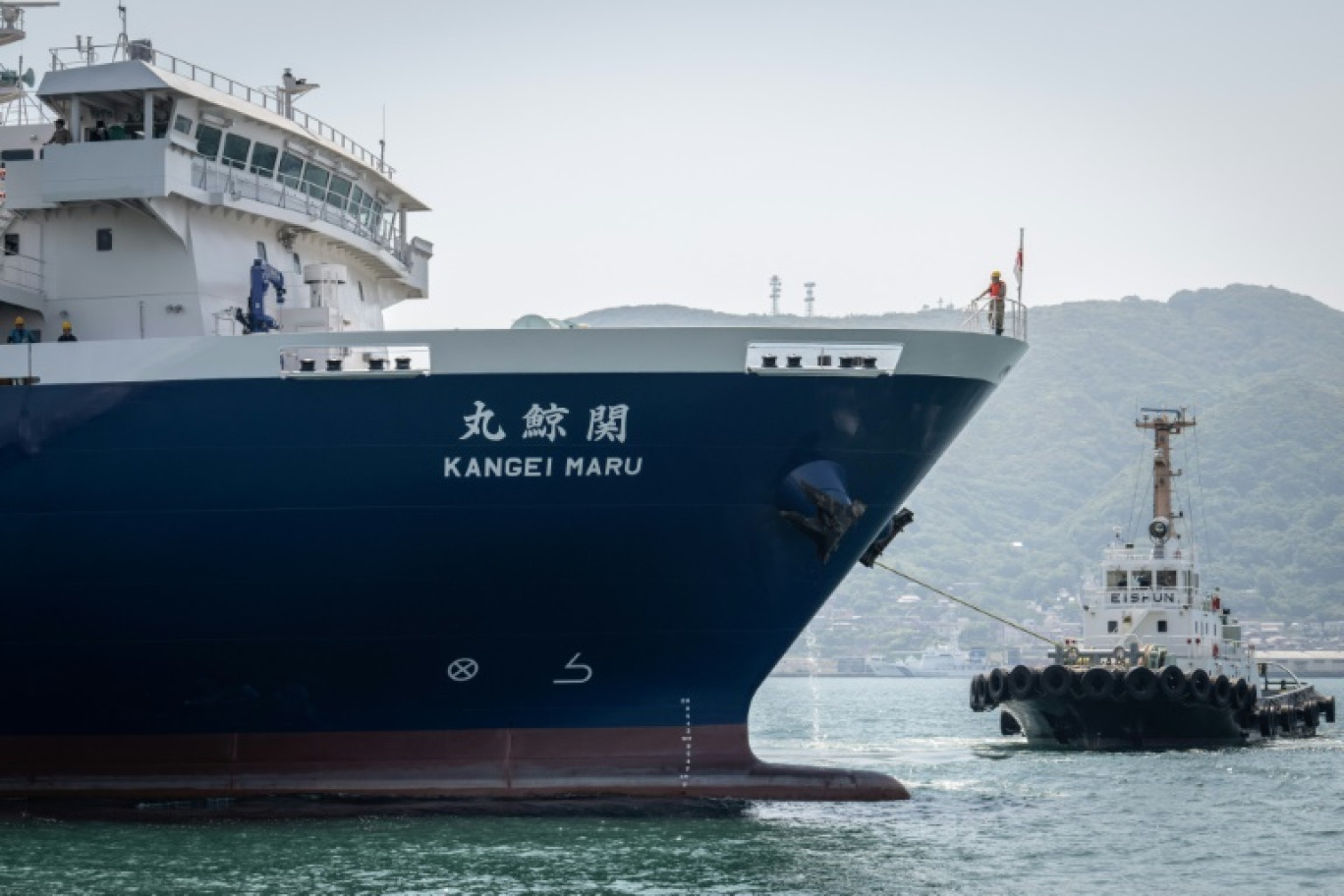 Le Kangei Maru, le nouveau bateau-usine du Japon pour la pêche à la baleine bannie presque partout ailleurs dans le monde, quitte son port d'attache de Shimonoseki (ouest du Japon) le 21 mai 2024 © Yuichi YAMAZAKI