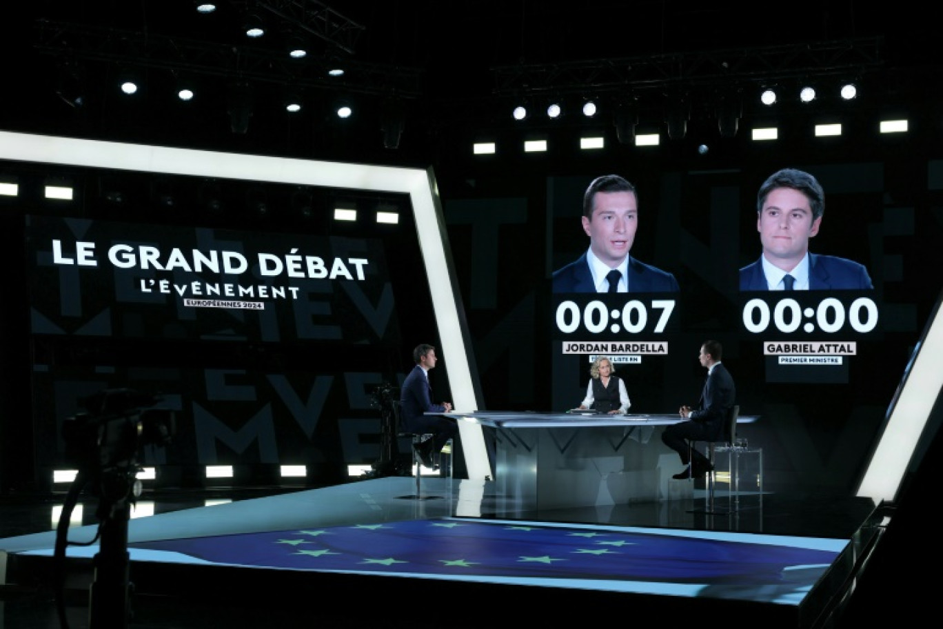 Le président du RN et tête de liste aux européennes, Jordan Bardella (d), et le Premier ministre Gabriel Attal avant un débat animé par la journaliste Caroline Roux sur France 2, le 23 mai 2024 à Aubervilliers, près de Paris © Thomas SAMSON