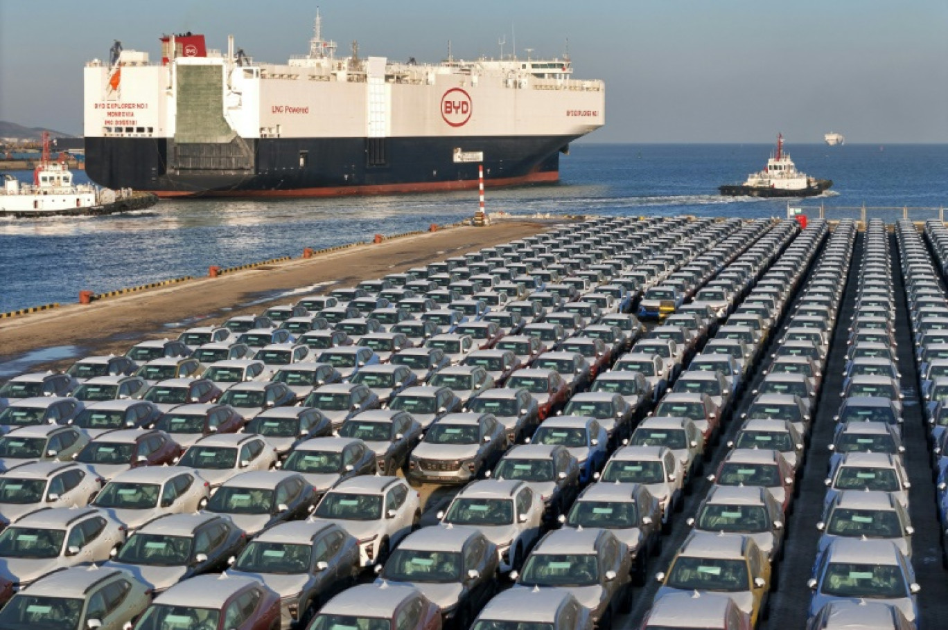 Photo prise le 10 janvier 2024 de voitures électriques chinoises destinées à l'export dans le port de Yantai, dans la province du Shandong (nord-est de la Chine) © -