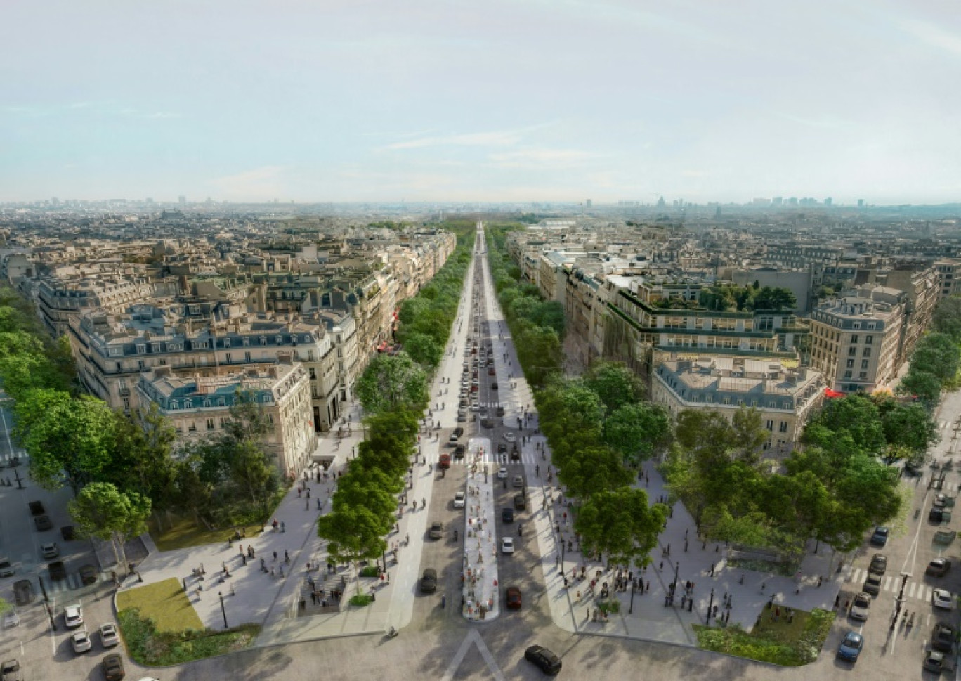 Image de synthèse d'une vue aérienne de l'éventuel futur quartier des Champs-Élysées, à Paris, fournie le 27 mai 2024 par PCA-STREAM © -