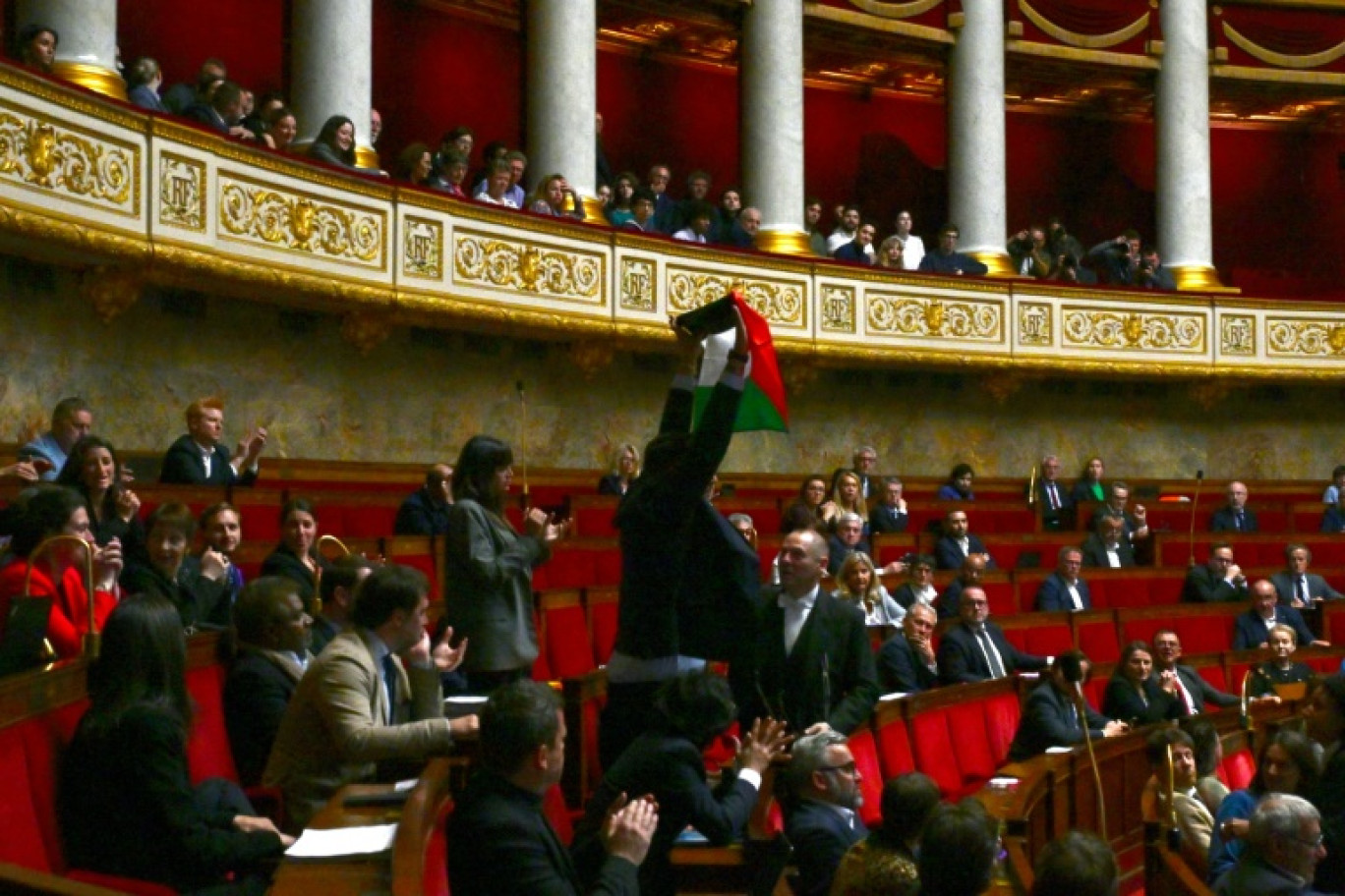 Le député LFI Sébastien Delogu brandit un drapeau palestinien dans l'hémicycle de l'Assemblée nationale, le 28 mai 2024 à Paris © Miguel MEDINA