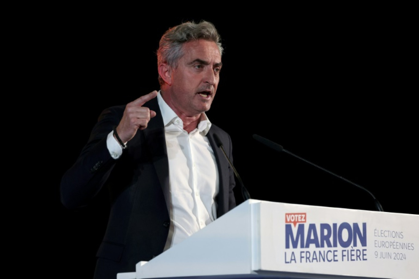 Le sénateur Reconquête! Stéphane Ravier lors d'un meeting de son parti en amont des européennes, à Palavas-les-Flots, le 6 avril 2024 © Pascal GUYOT