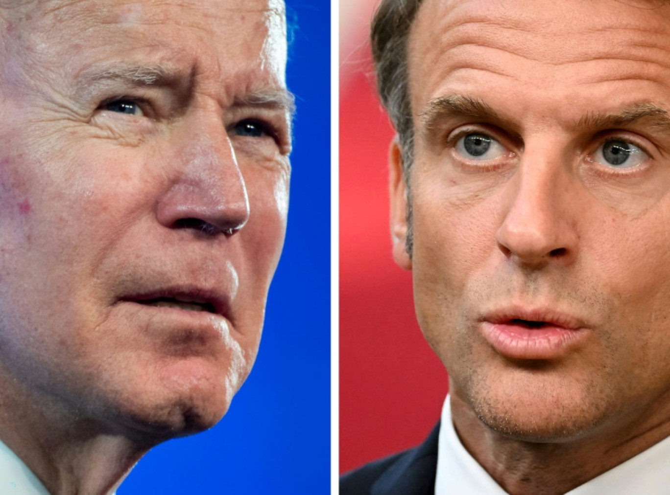 Le président américain Joe Biden, à gauche, et le président français Emmanuel Macron, à droite, dans une combinaison de photos réalisée le 6 février 2024 © Saul LOEB