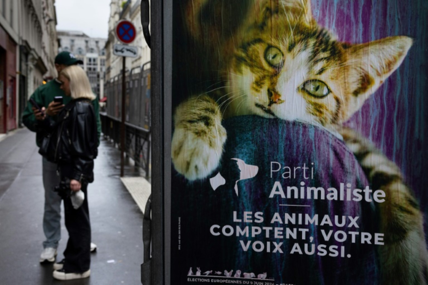 Une affiche du Parti animaliste en vue des élections européennes, le 31 mai 2024 à Paris © JOEL SAGET